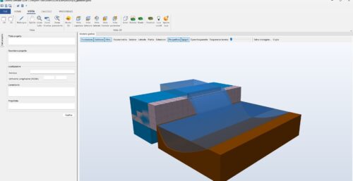 GDW GeoStru: briglia in gabbioni, vista 3D con fondazione e scavo