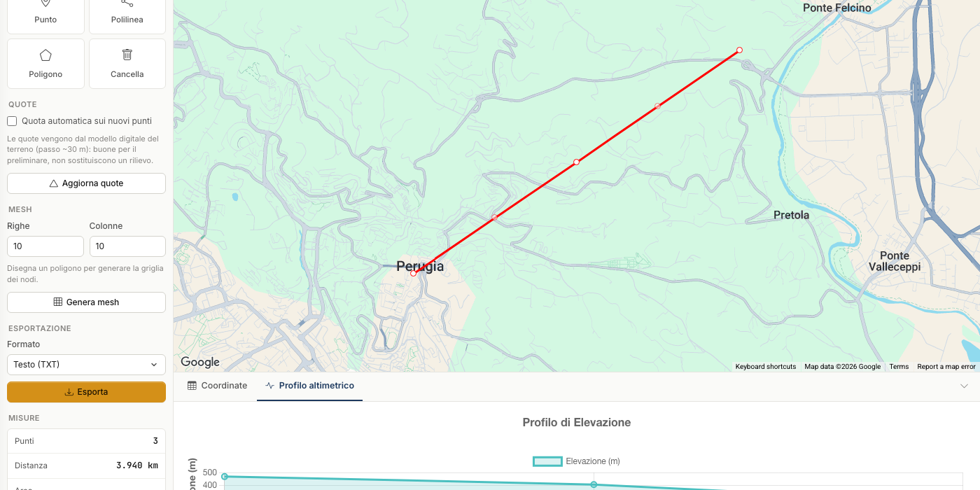 GeoStru Maps NX - tracciato disegnato con tabella coordinate e profilo altimetrico