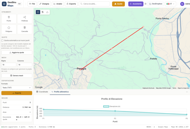 GeoStru Maps NX - tracciato disegnato con tabella coordinate e profilo altimetrico