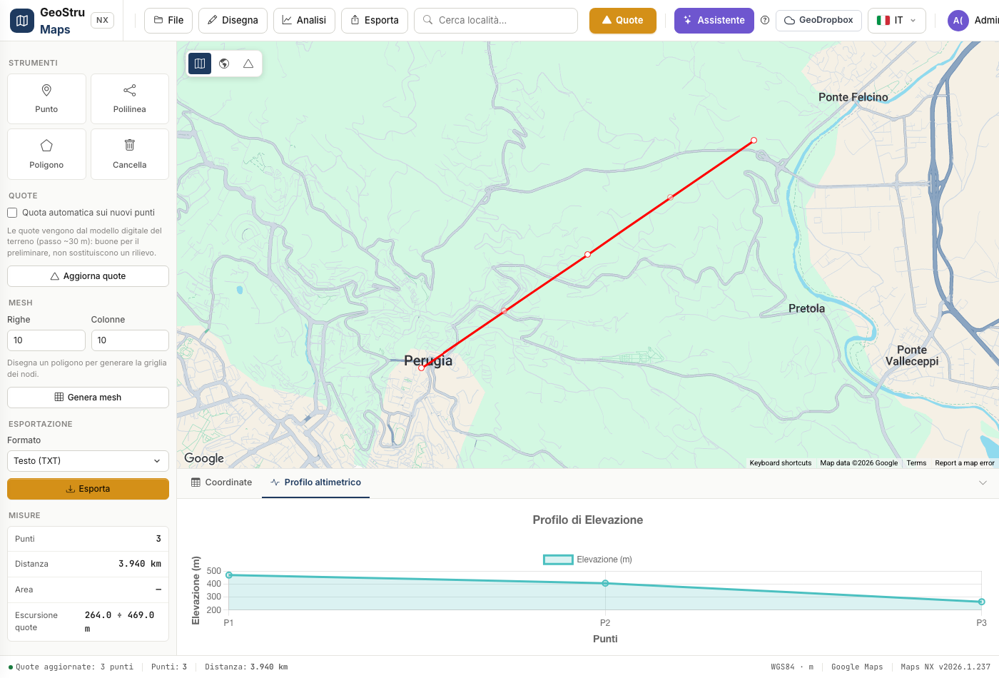 GeoStru Maps NX - tracciato disegnato con tabella coordinate e profilo altimetrico
