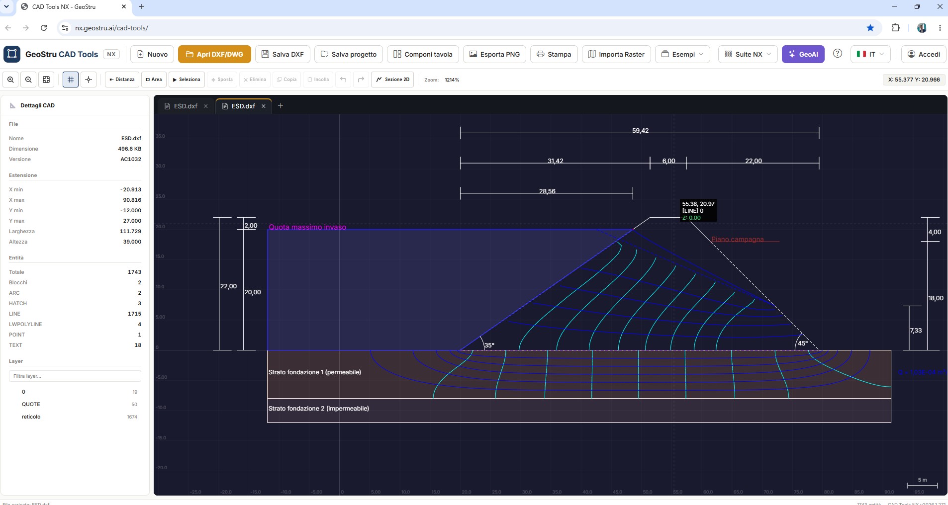 ESD - CAD Tools NX ESD - Sezione della diga con reticolo di flusso in CAD Tools NX