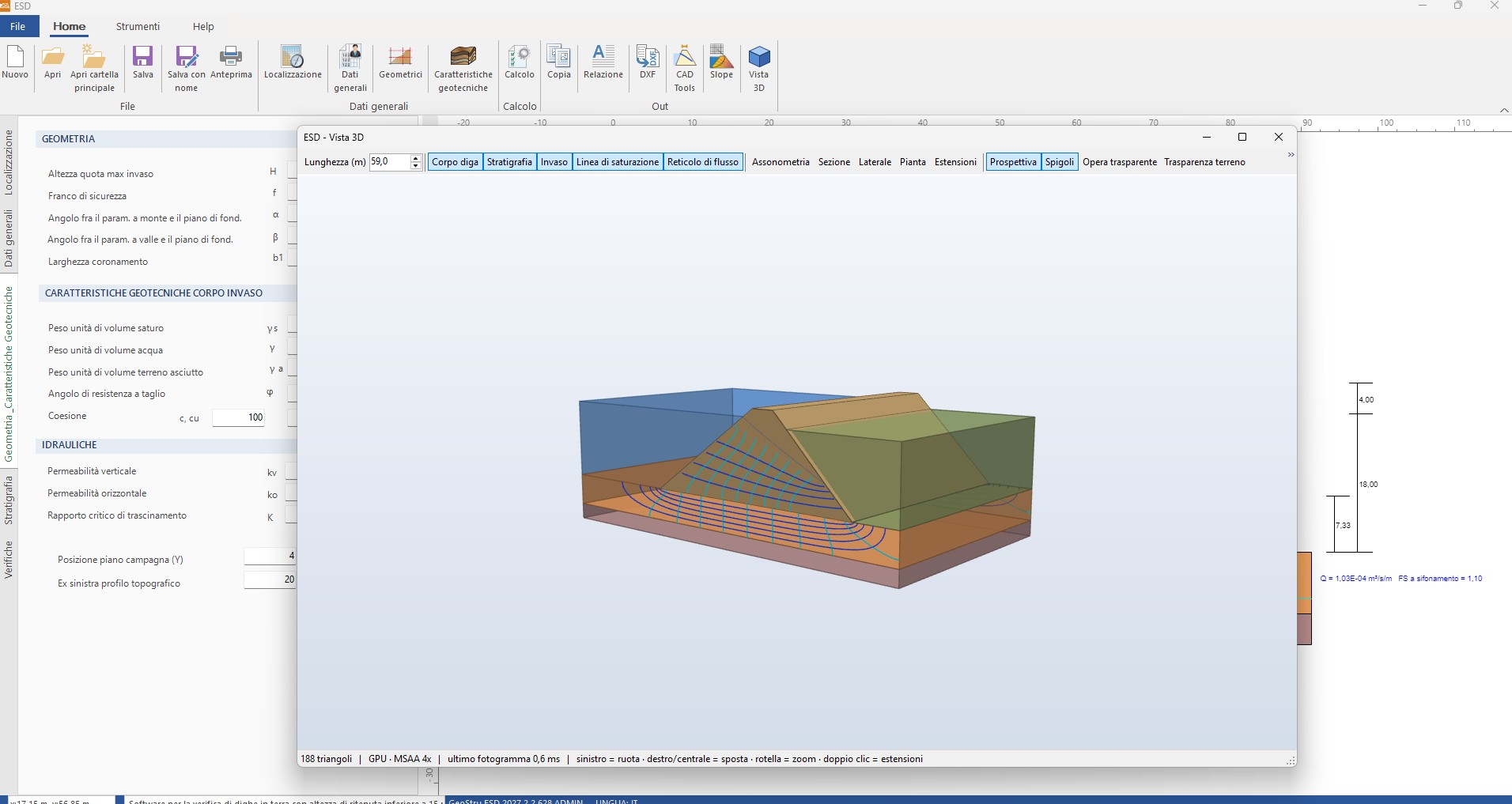 ESD - Vista 3D ESD - Vista 3D del corpo diga con reticolo di flusso