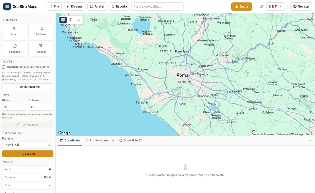 GeoStru Maps: rilievo su mappa con quote, mesh e profili